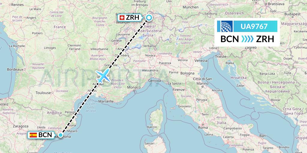 UA9767 United Airlines Flight Map: Barcelona to Zurich