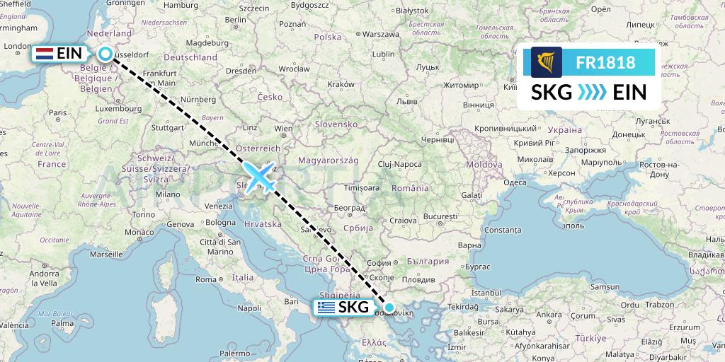 FR1818 Ryanair Flight Map: Thessaloniki to Eindhoven