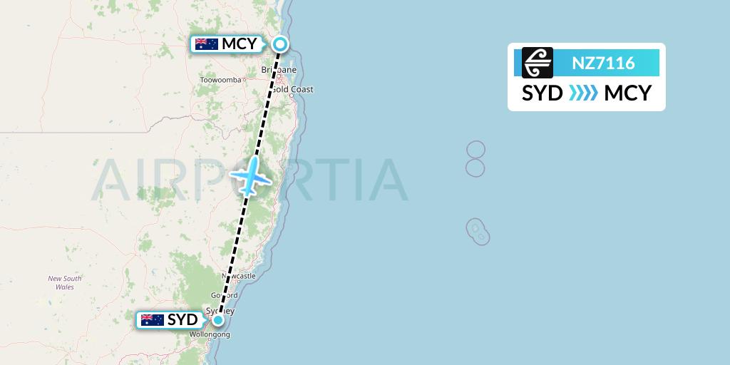 NZ7116 Air New Zealand Flight Map: Sydney to Sunshine Coast