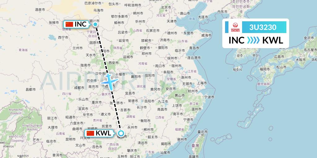 3U3230 Sichuan Airlines Flight Map: Yinchuan to Guilin