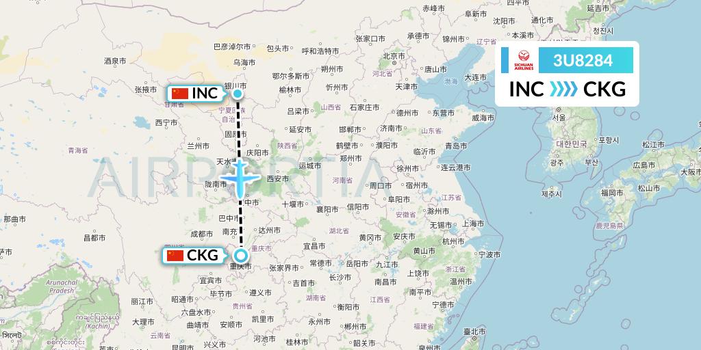 3U8284 Sichuan Airlines Flight Map: Yinchuan to Chongqing