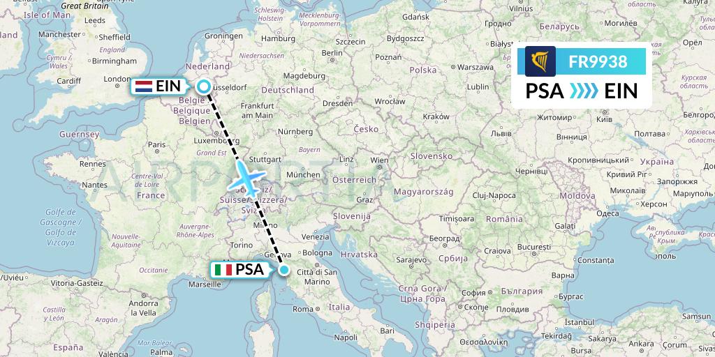 FR9938 Ryanair Flight Map: Pisa to Eindhoven
