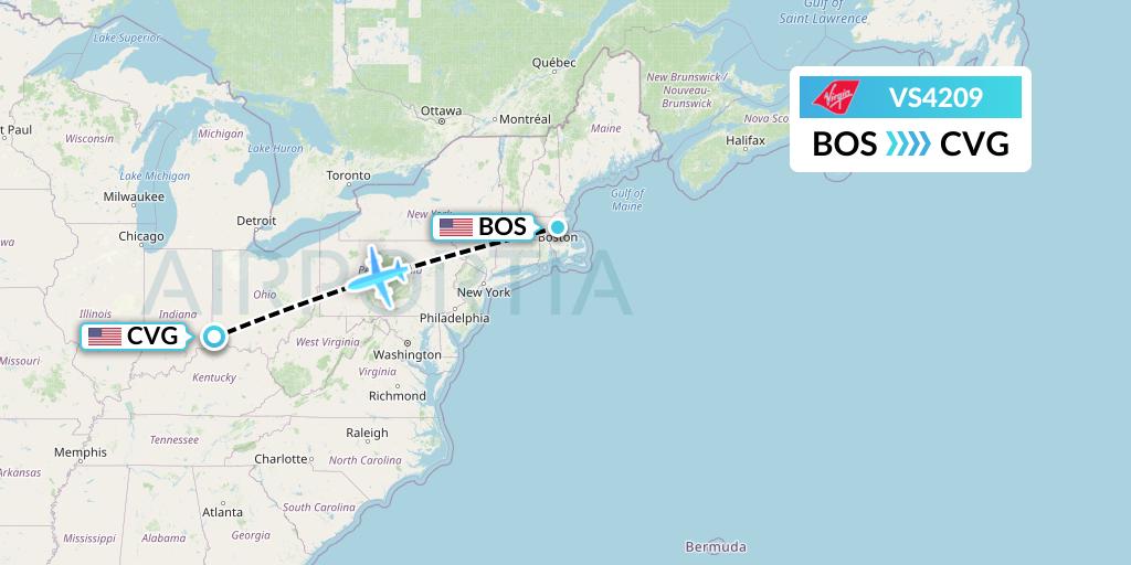 VS4209 Virgin Atlantic Airways Flight Map: Boston to Cincinnati