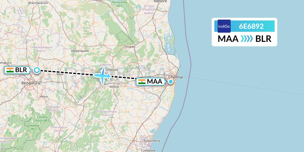 6E6892 IndiGo Airlines Flight Map: Chennai to Bangalore