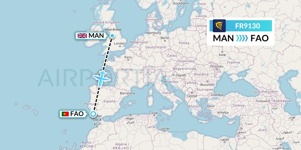 FR9130 Ryanair Flight Map: Manchester to Faro