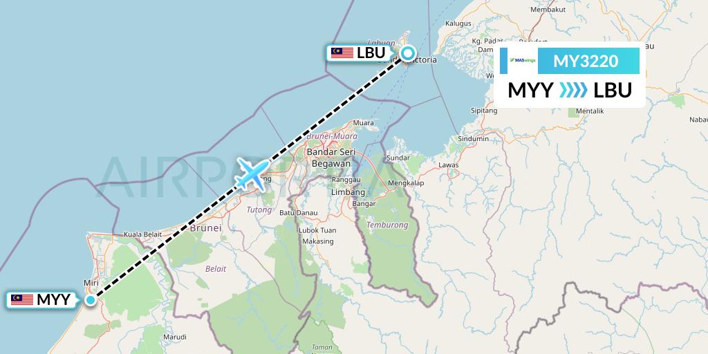 MY3220 MASwings Flight Map: Miri to Labuan