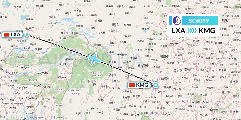 SC6099 Shandong Airlines Flight Map: Lhasa to Kunming