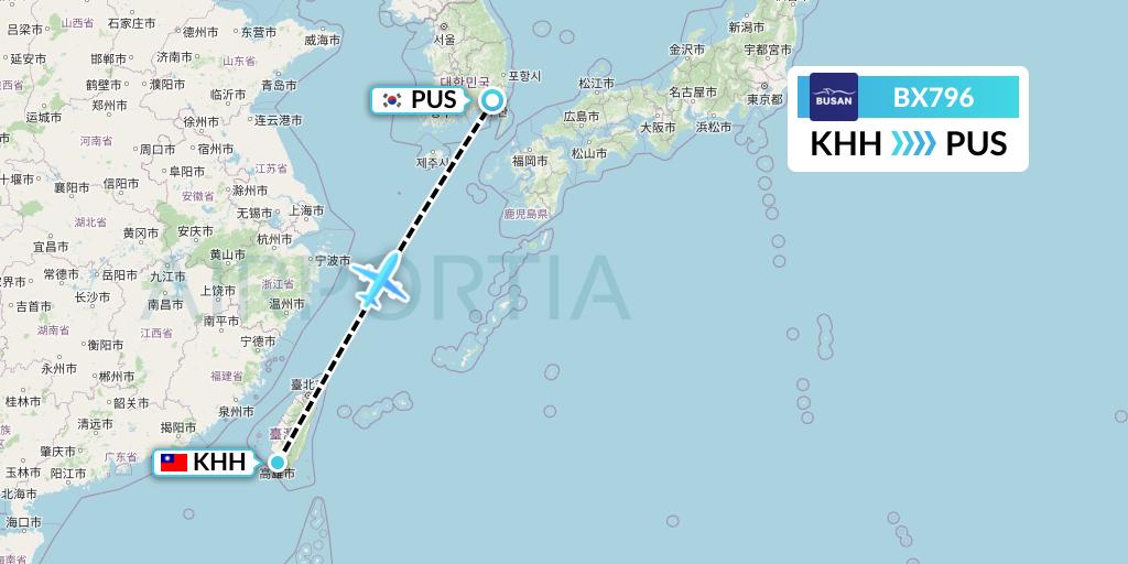 BX796 Air Busan Flight Map: Kaohsiung to Busan