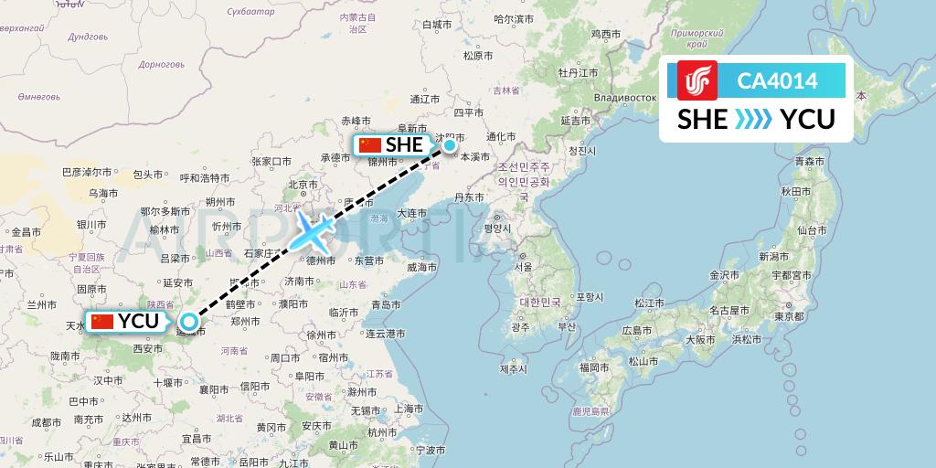 CA4014 Air China Flight Map: Shenyang to Yuncheng