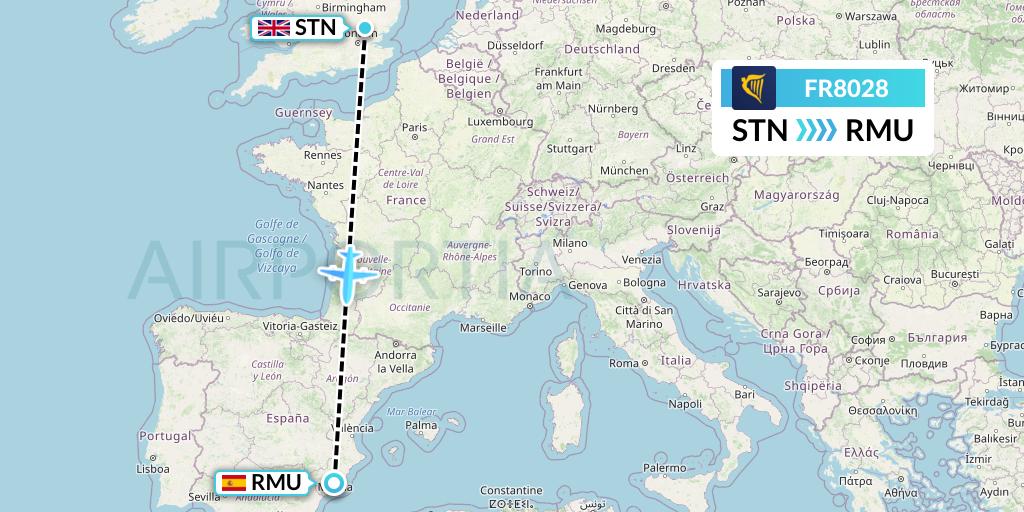 FR8028 Ryanair Flight Map: London to Murcia