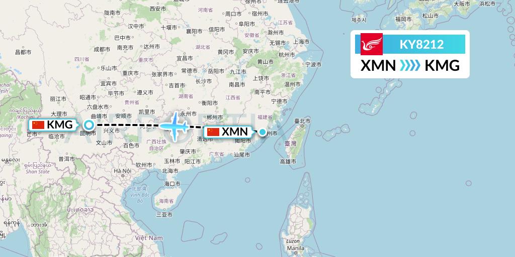 KY8212 Kunming Airlines Flight Map: Xiamen to Kunming
