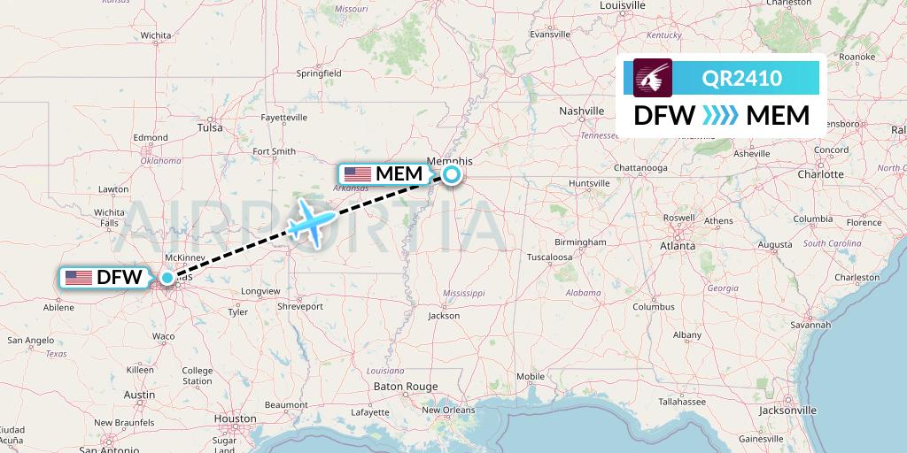 QR2410 Qatar Airways Flight Map: Dallas to Memphis