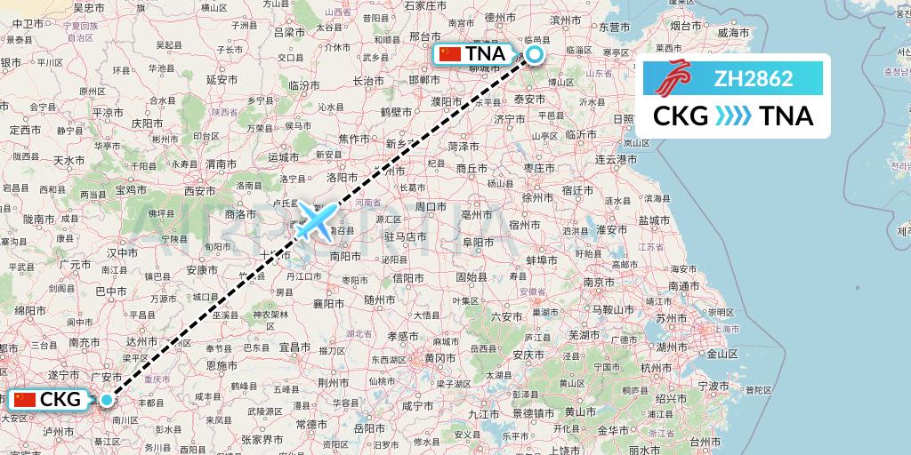 ZH2862 Shenzhen Airlines Flight Map: Chongqing to Jinan