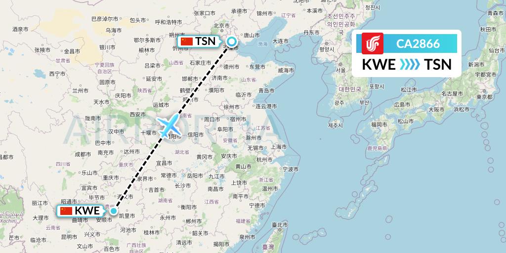 CA2866 Air China Flight Map: Guiyang to Tianjin