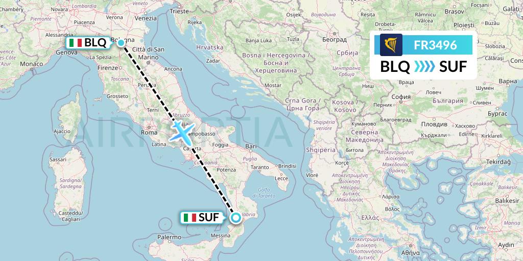 FR3496 Ryanair Flight Map: Bologna to Lamezia Terme