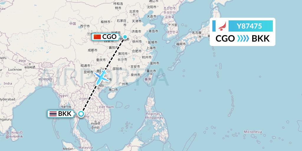 Y87475 Yangtze River Express Flight Map: Zhengzhou to Bangkok