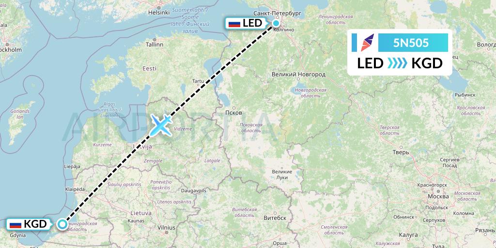 5N505 Nordavia Flight Map: St. Petersburg to Kaliningrad