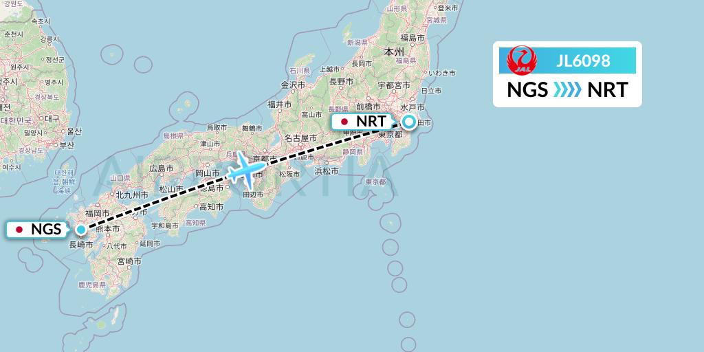 JL6098 Japan Airlines Flight Map: Nagasaki to Tokyo