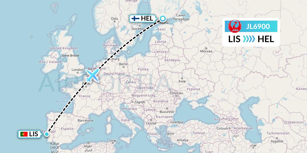JL6900 Japan Airlines Flight Map: Lisbon to Helsinki