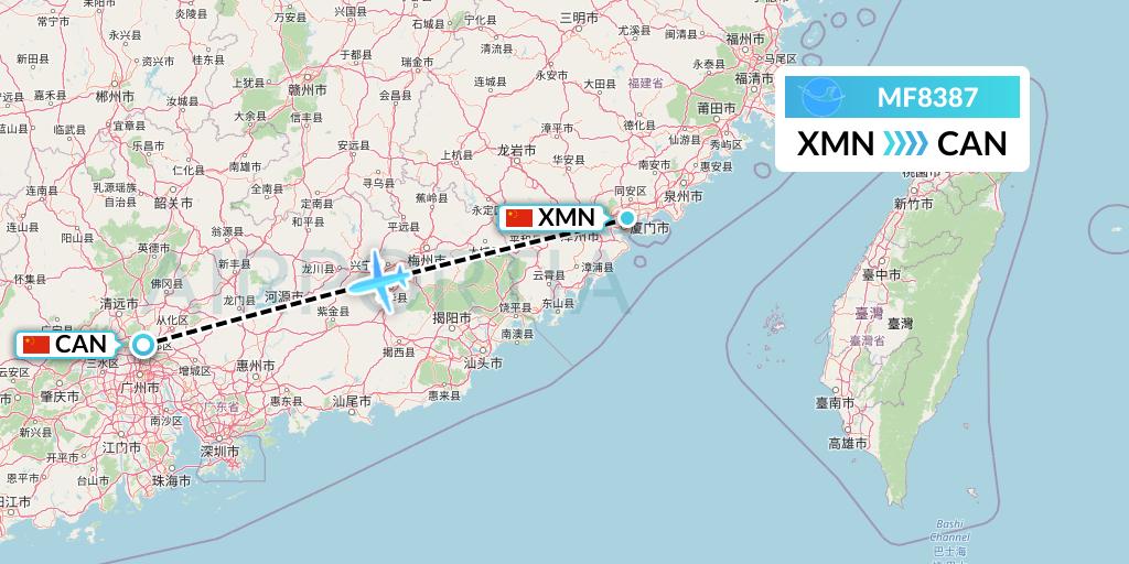 MF8387 Xiamen Airlines Flight Map: Xiamen to Guangzhou