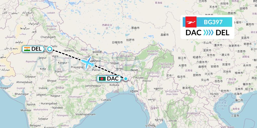 BG397 Biman Bangladesh Airlines Flight Map: Dhaka to Delhi