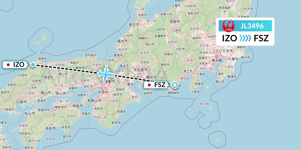 JL3496 Japan Airlines Flight Map: Izumo to Shizuoka