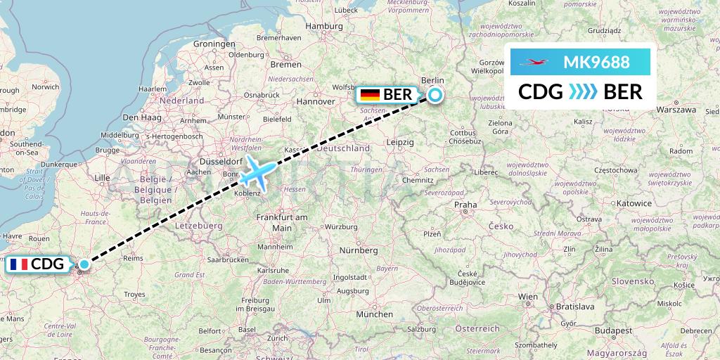 MK9688 Air Mauritius Flight Map: Paris to Berlin