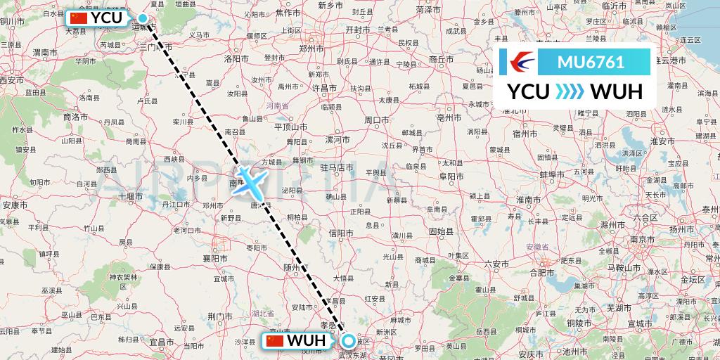 MU6761 China Eastern Airlines Flight Map: Yuncheng to Wuhan
