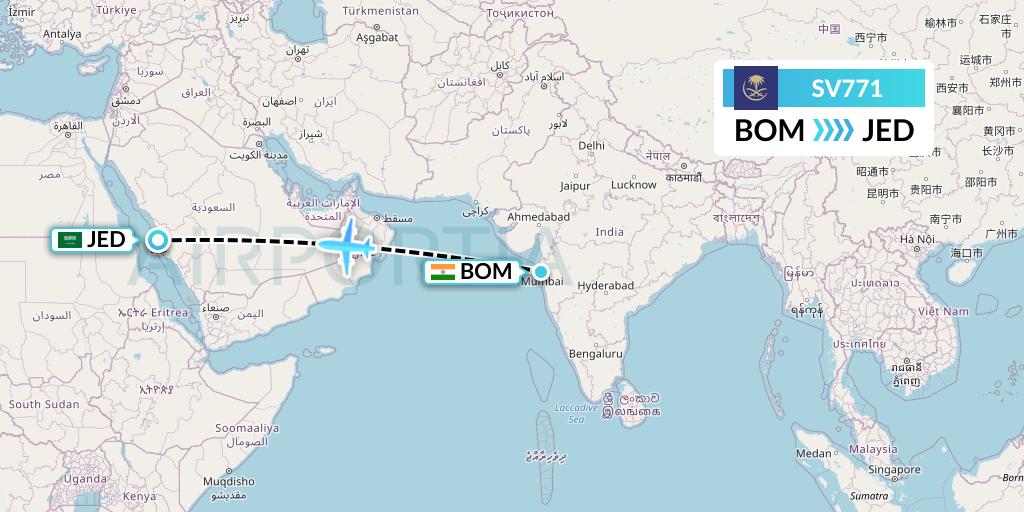 SV771 Saudi Arabian Airlines Flight Map: Mumbai to Jeddah