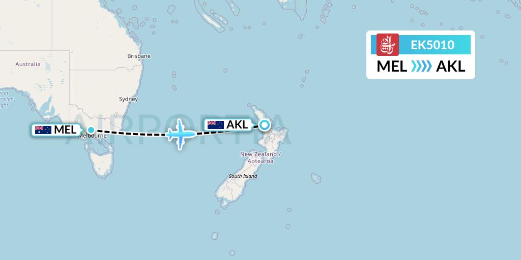 EK5010 Emirates Flight Map: Melbourne to Auckland