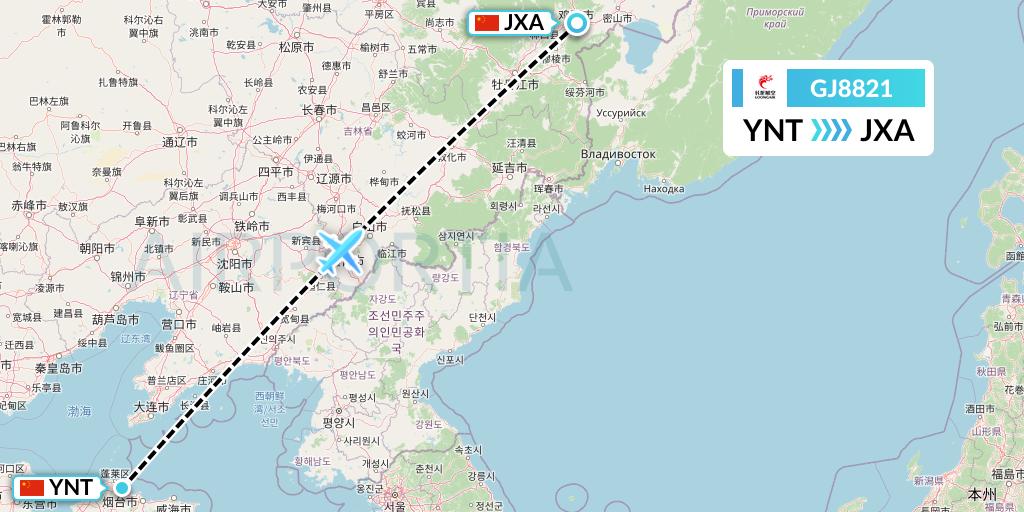 GJ8821 Loong Airlines Flight Map: Yantai to Jixi