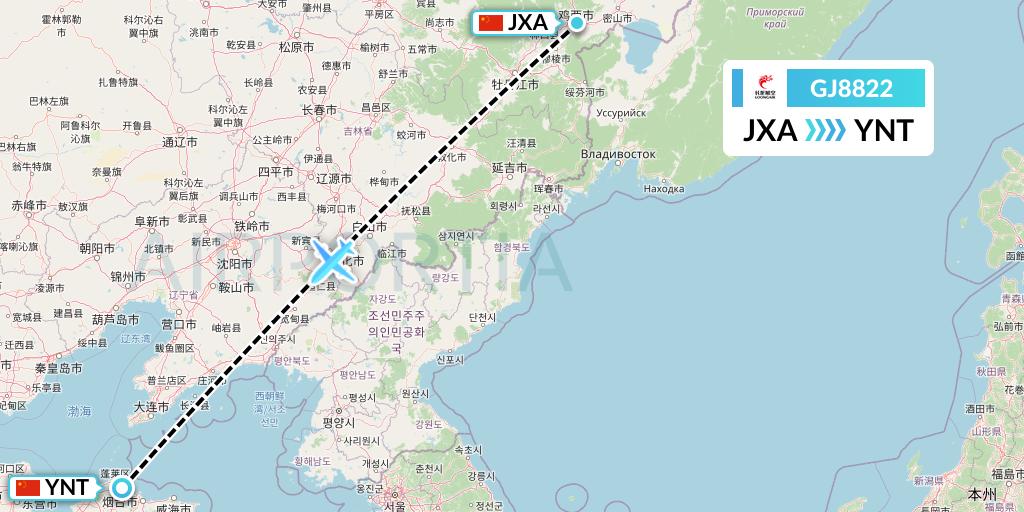 GJ8822 Loong Airlines Flight Map: Jixi to Yantai