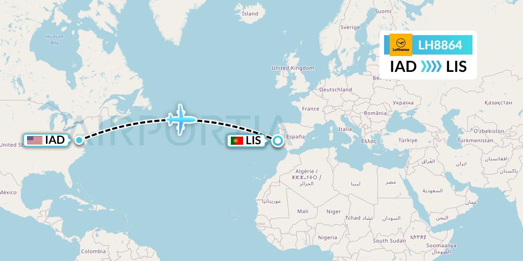 LH8864 Lufthansa Flight Map: Washington to Lisbon