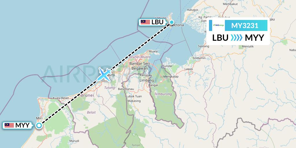 MY3231 MASwings Flight Map: Labuan to Miri