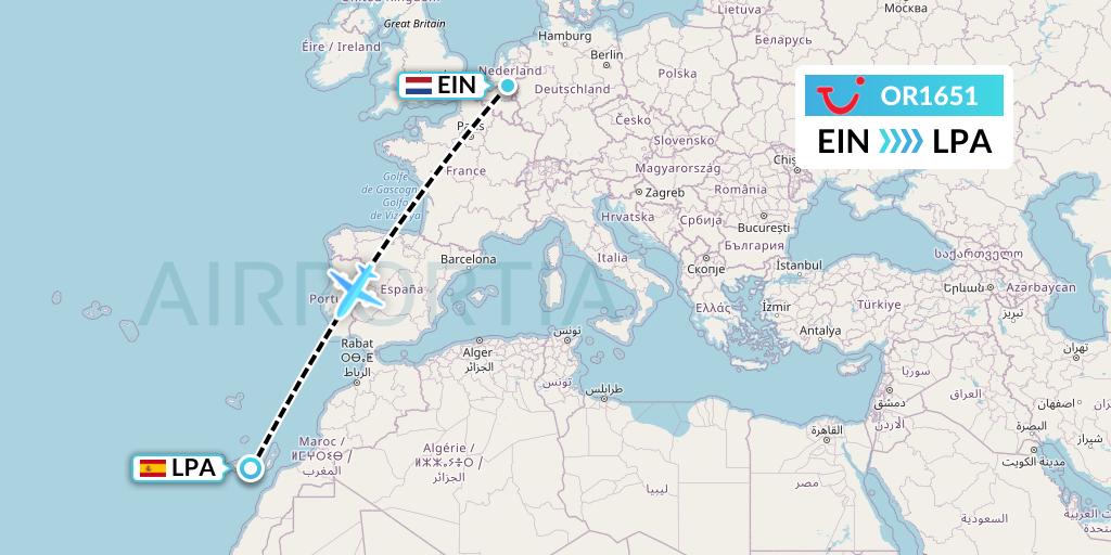 OR1651 TUI fly Netherlands Flight Map: Eindhoven to Las Palmas