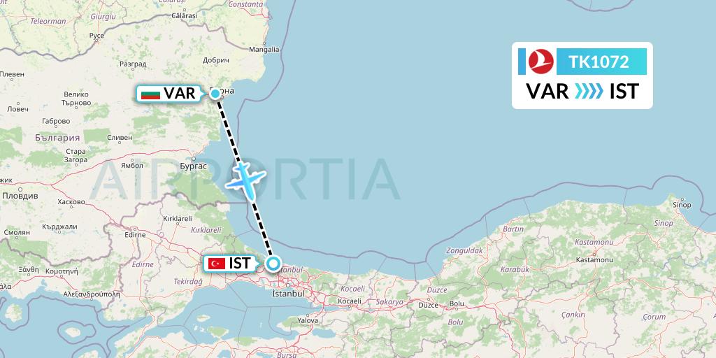 TK1072 Turkish Airlines Flight Map: Varna to Istanbul