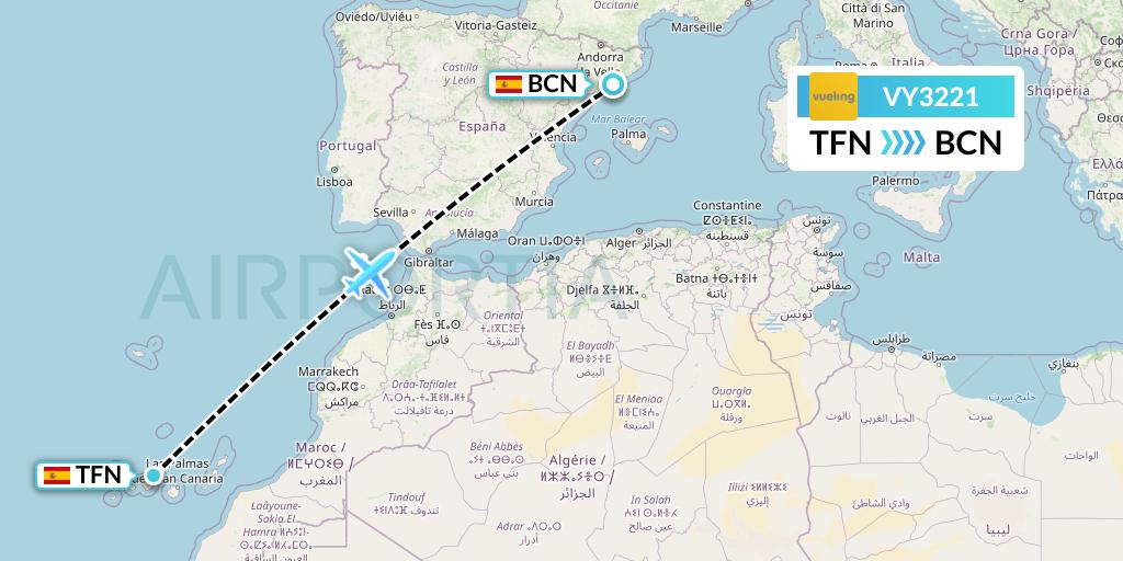 VY3221 Vueling Flight Map: Tenerife to Barcelona