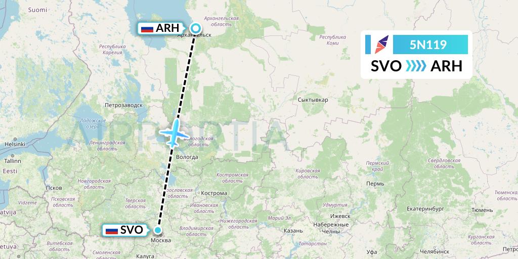 5N119 Nordavia Flight Map: Moscow to Arkhangelsk