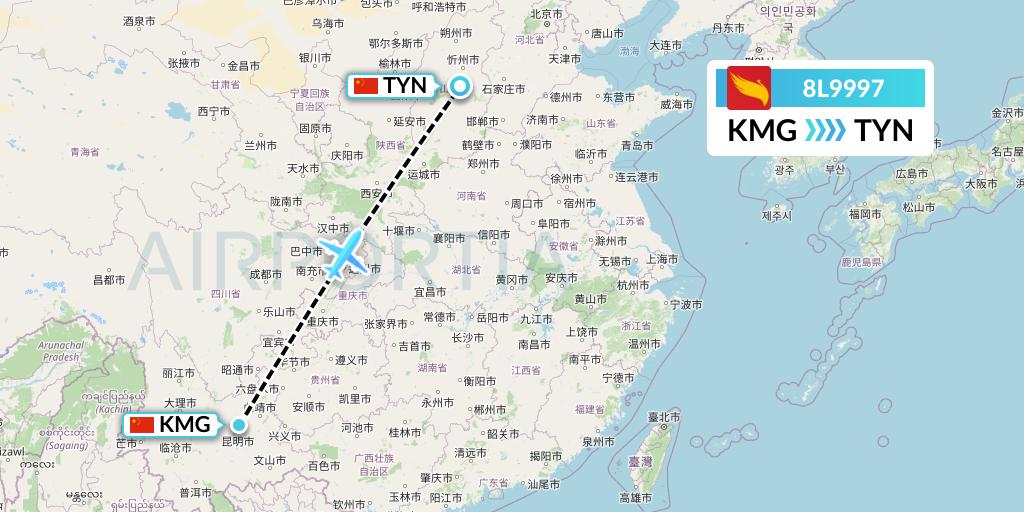 8L9997 Lucky Air Flight Map: Kunming to Taiyuan
