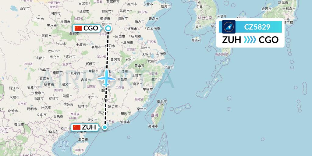 CZ5829 China Southern Airlines Flight Map: Zhuhai to Zhengzhou