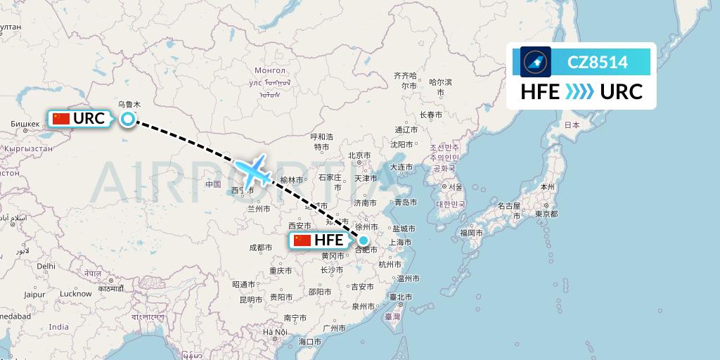 CZ8514 China Southern Airlines Flight Map: Hefei to Urumqi