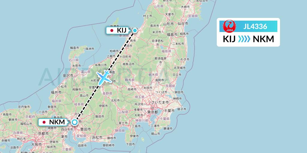 JL4336 Japan Airlines Flight Map: Niigata to Nagoya