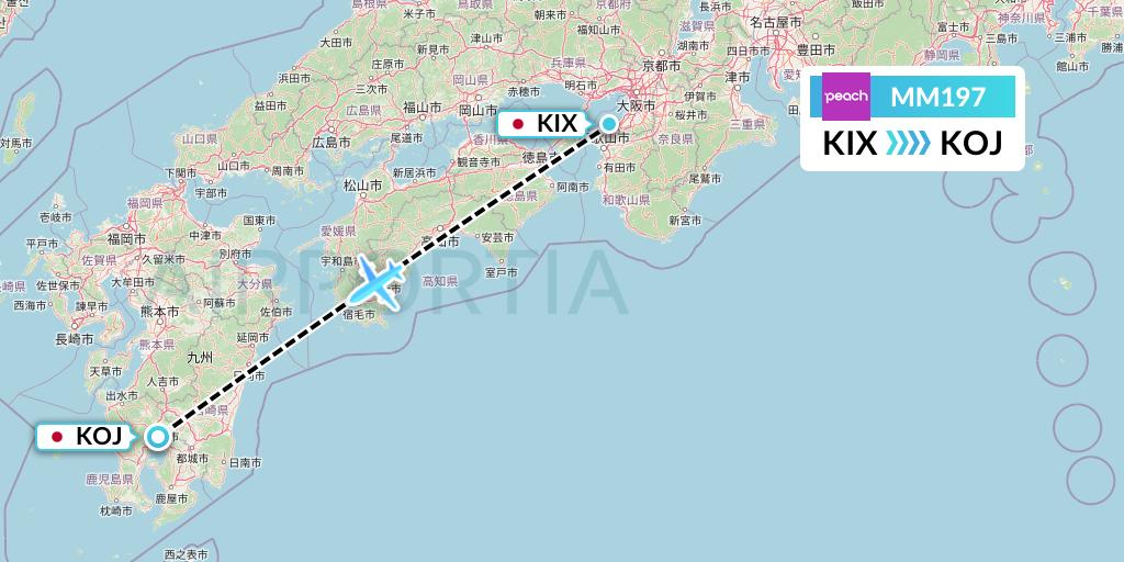 MM197 Peach Aviation Flight Map: Osaka to Kagoshima