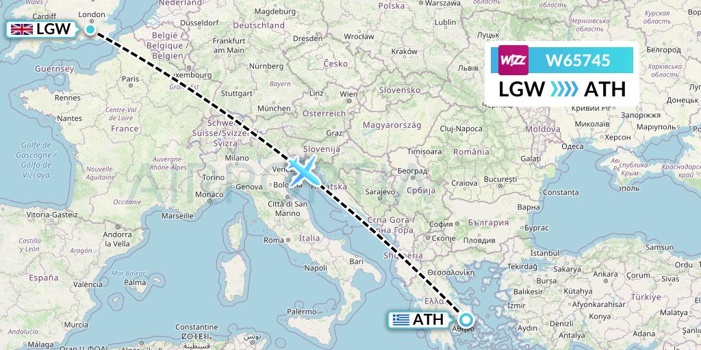 W65745 Wizz Air Flight Map: London to Athens