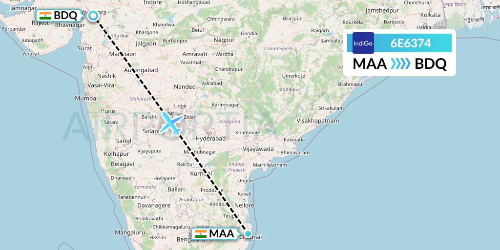 6E6374 IndiGo Airlines Flight Map: Chennai to Vadodara