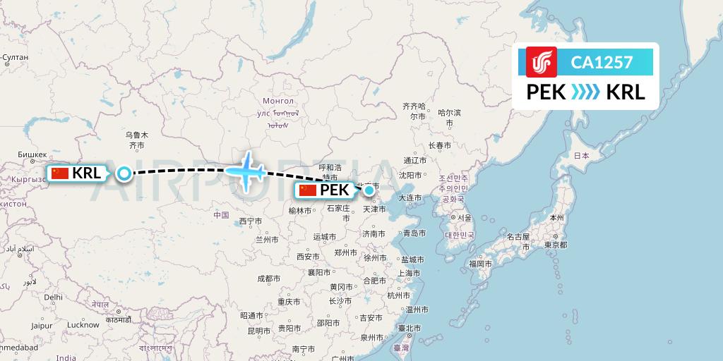 CA1257 Air China Flight Map: Beijing to Korla