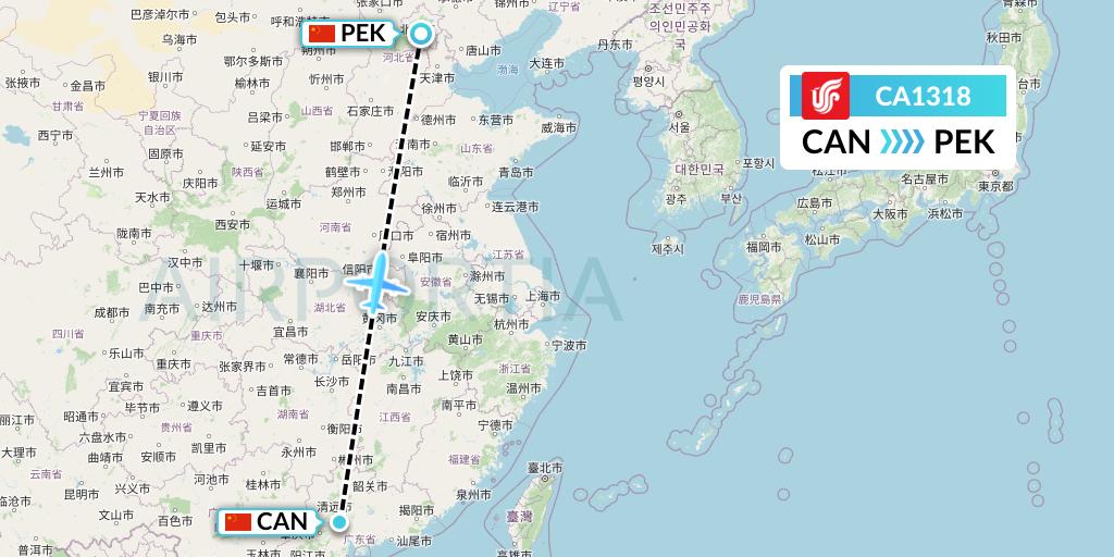 CA1318 Air China Flight Map: Guangzhou to Beijing