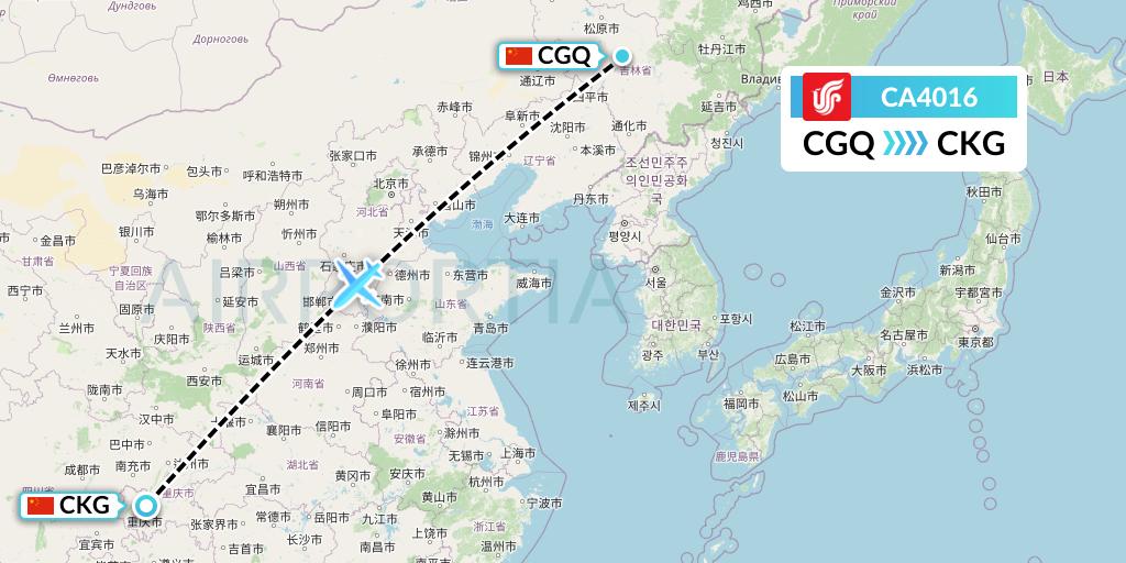 CA4016 Air China Flight Map: Changchun to Chongqing