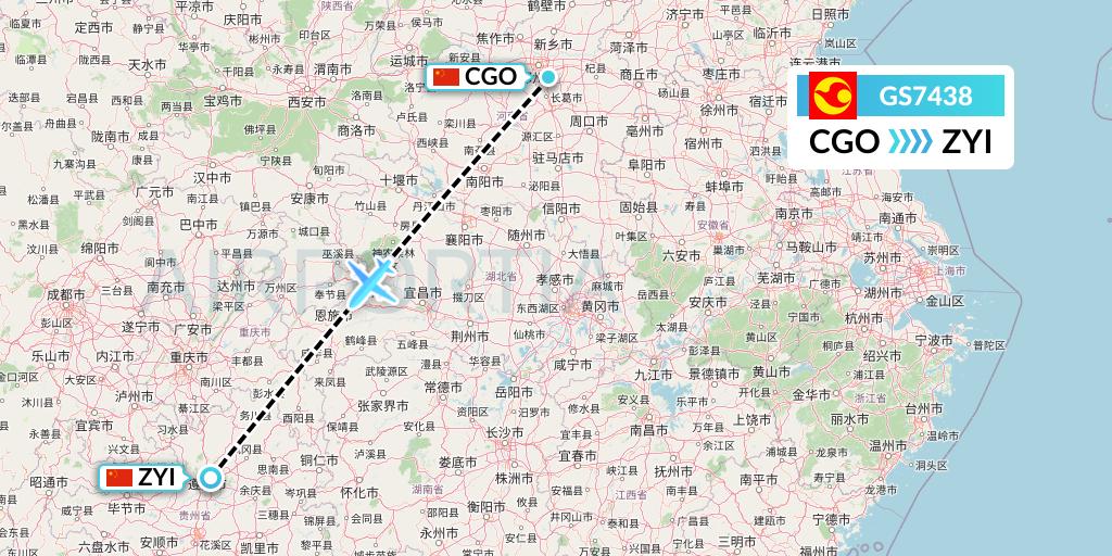 GS7438 Tianjin Airlines Flight Map: Zhengzhou to Zunyi