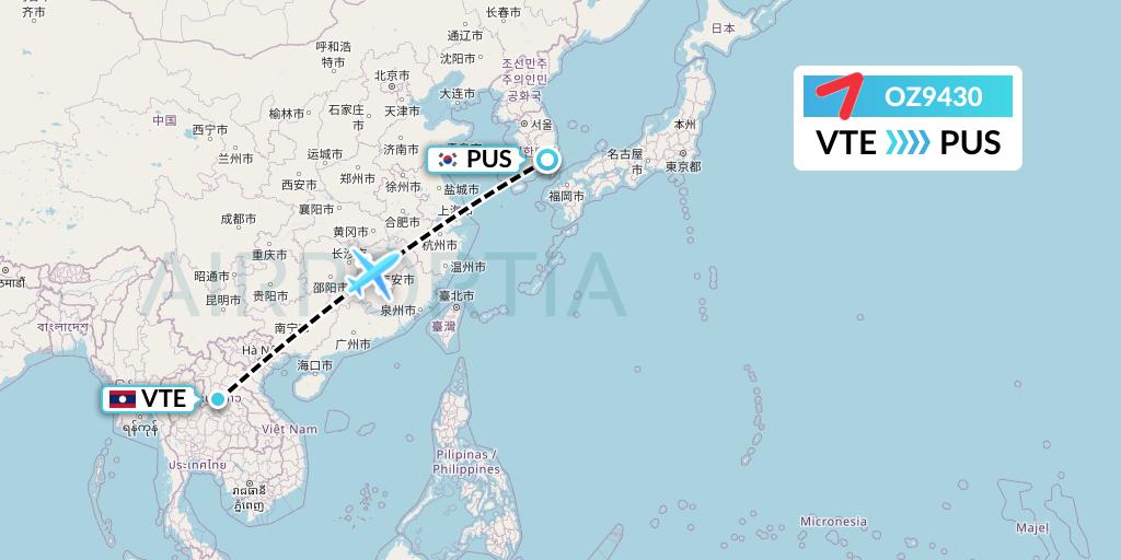 OZ9430 Asiana Airlines Flight Map: Vientiane to Busan